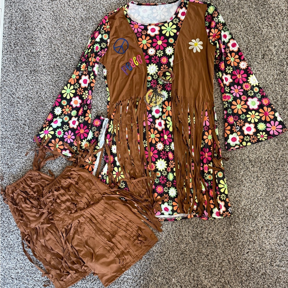 Hippy costume Floral Fringe Dress with Brown Vest